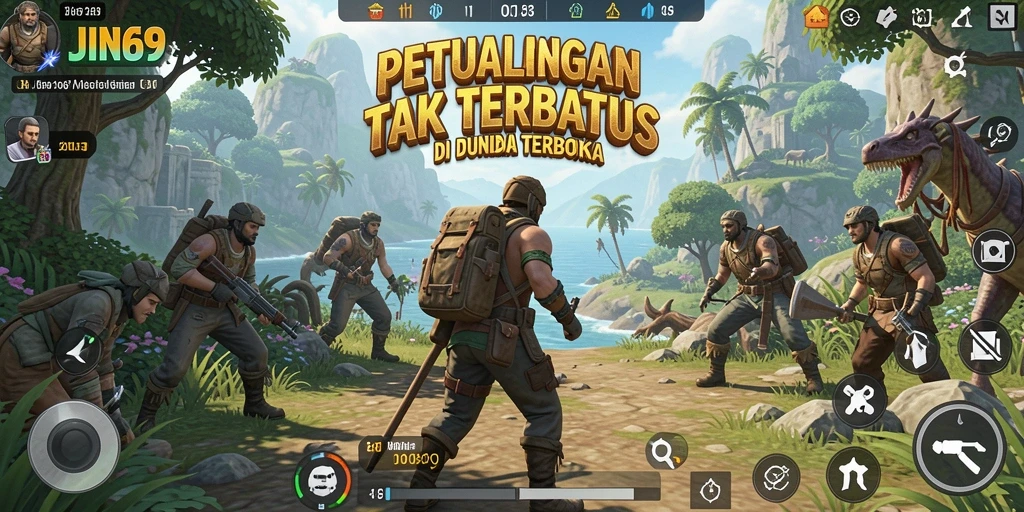 Screenshot gameplay JIN69 menunjukkan eksplorasi dunia terbuka yang luas.