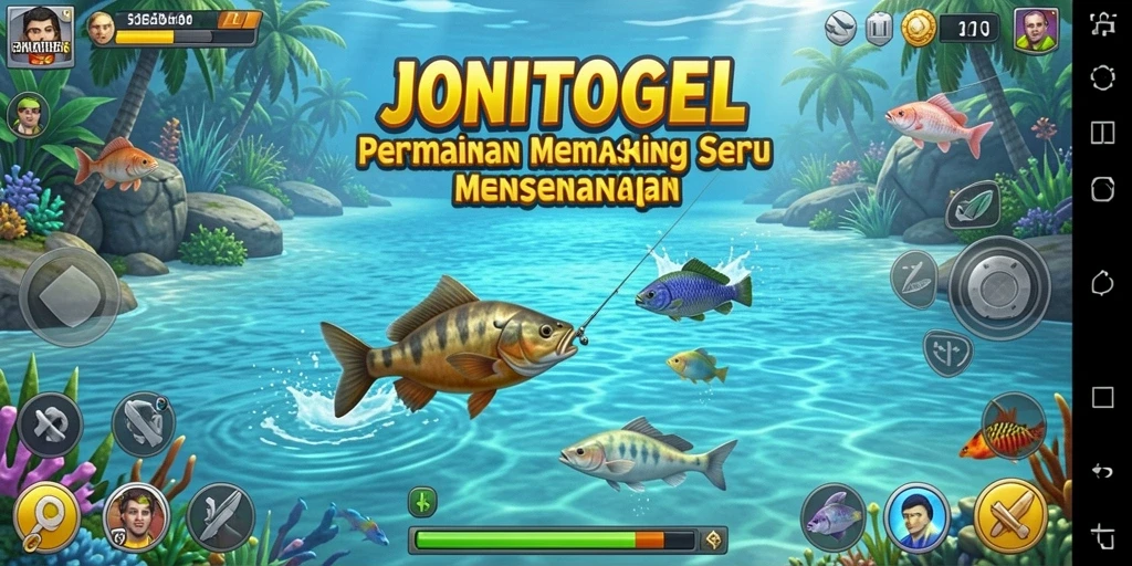 Tampilan gameplay JONITOGEL dengan suasana memancing yang menyenangkan.