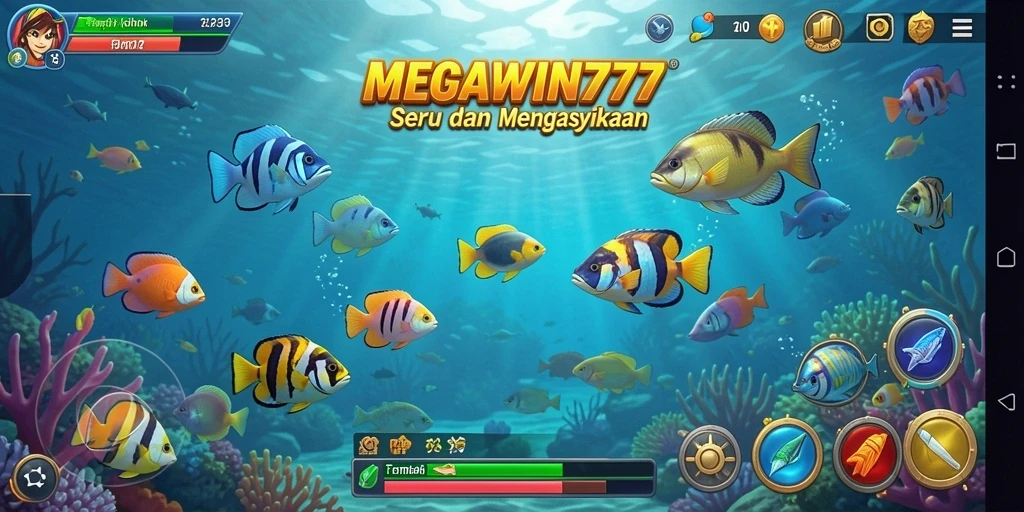 Gameplay seru MEGAWIN777 saat menembak ikan berwarna-warni.