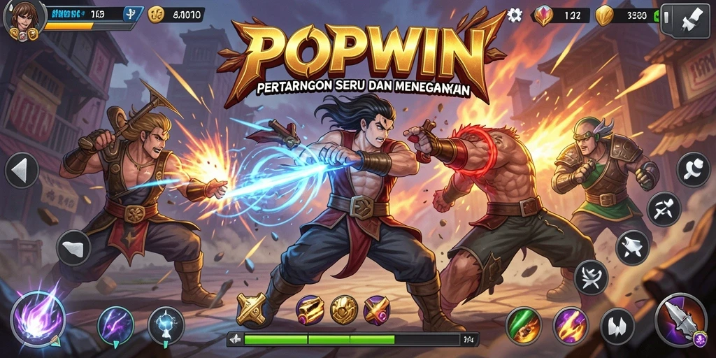 Screenshot dari gameplay menegangkan POPWIN dengan berbagai karakter bertarung.
