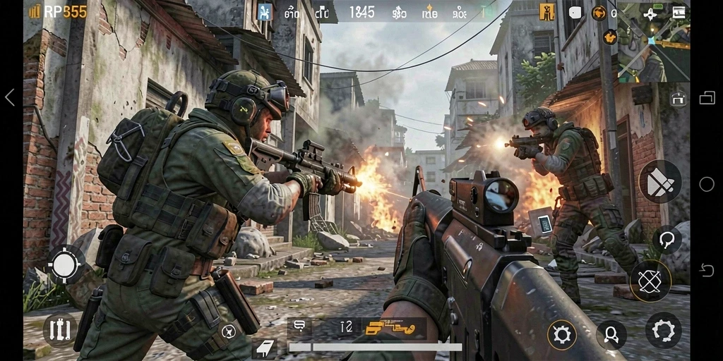 Screenshot gameplay RP55, menampilkan aksi tembak-menembak yang intens.