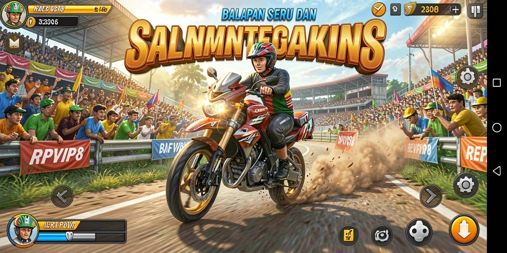 Gameplay RPVIP8 dengan mobil balap di trek yang menantang.